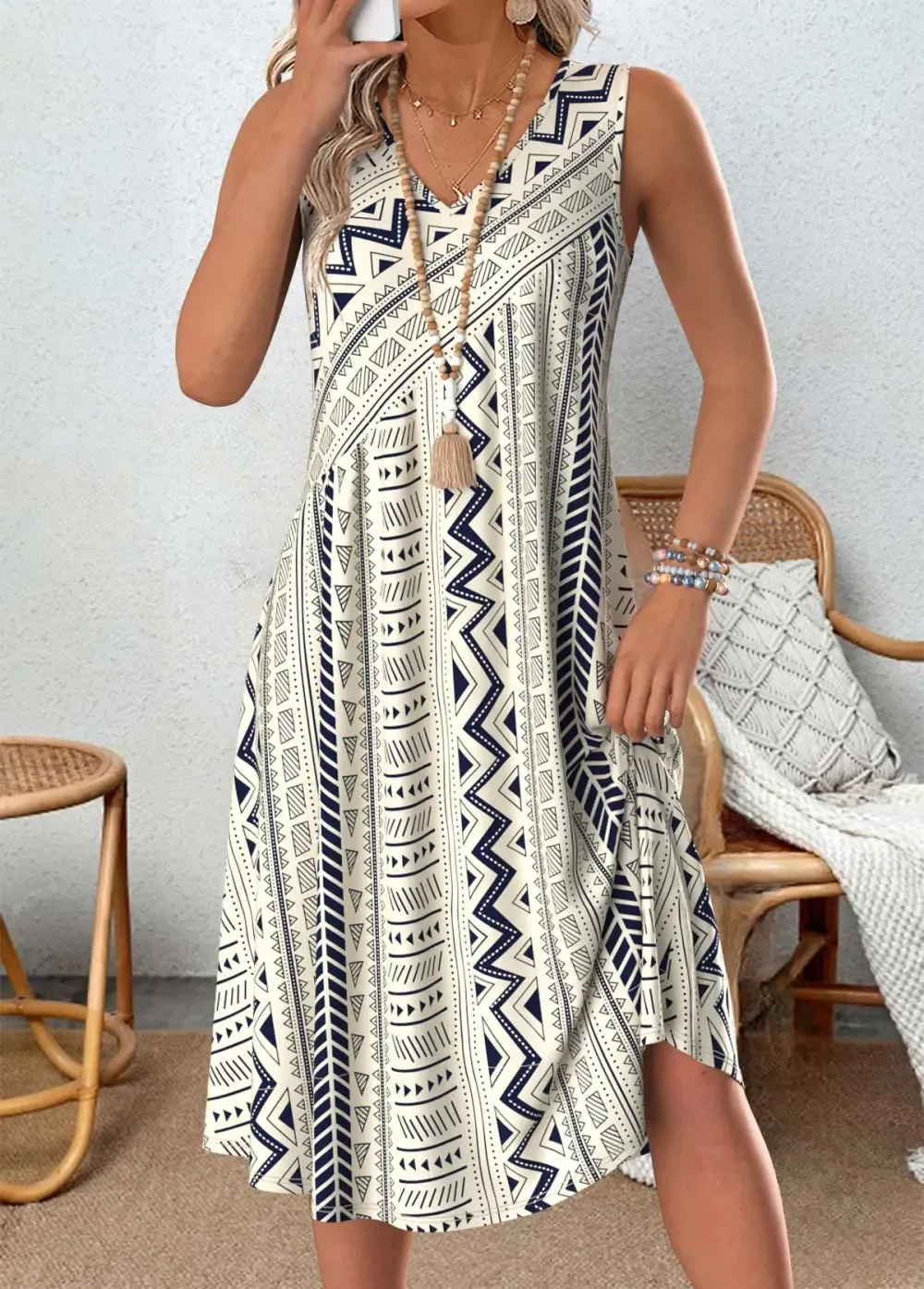 Multi Color Tribal Print A Line Sleeveless Dress