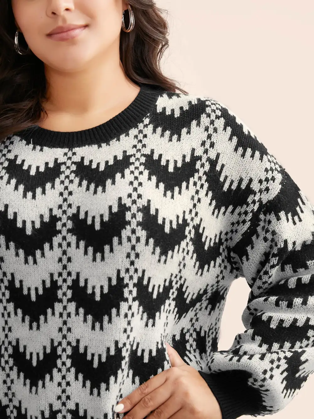 Geometric Jacquard Drop Shoulder Sleeve Pullover