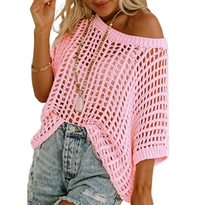 Women's Crochet Knit Short Sleeve Top – Summer Beach Cover-Up