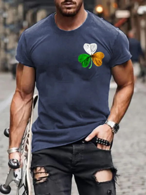 Men'S T-Shirt Men'S St Patrick'S Day Printed T-Shirt Pure Cotton Round Neck Clover Print Short Sleeve