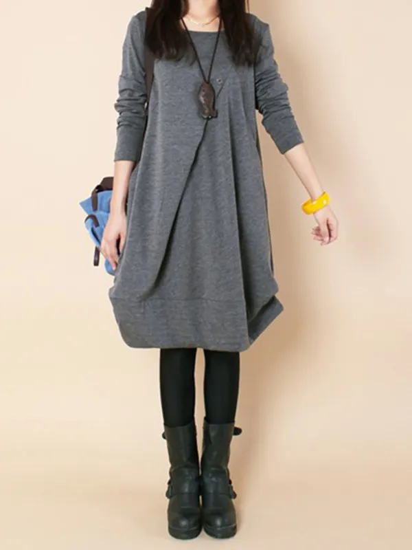 Original Loose Pleated 4 Colors Round-Neck Long Sleeves Short Dress