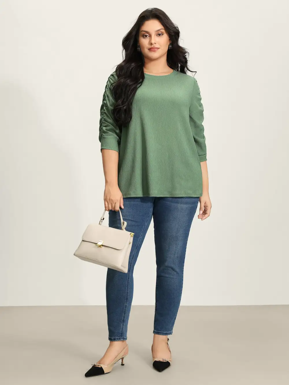 Textured Stretchy Three-Quarter Sleeve T-Shirt