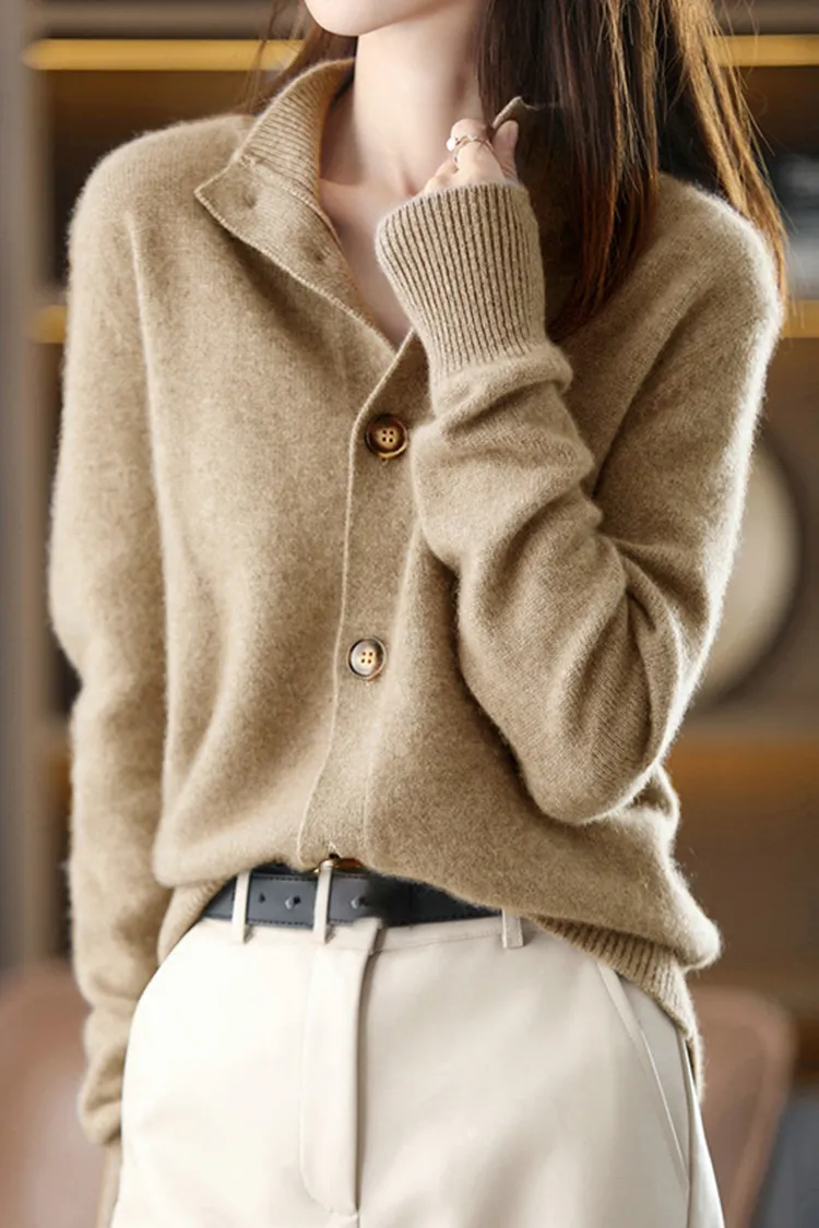 Solid Button Stand Collar Knitted Cardigan