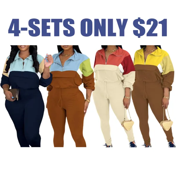 Women's Two - Piece Knit Tracksuit: Zip Jacket & Elastic Waist Pant, Pink - Blue Colorblock