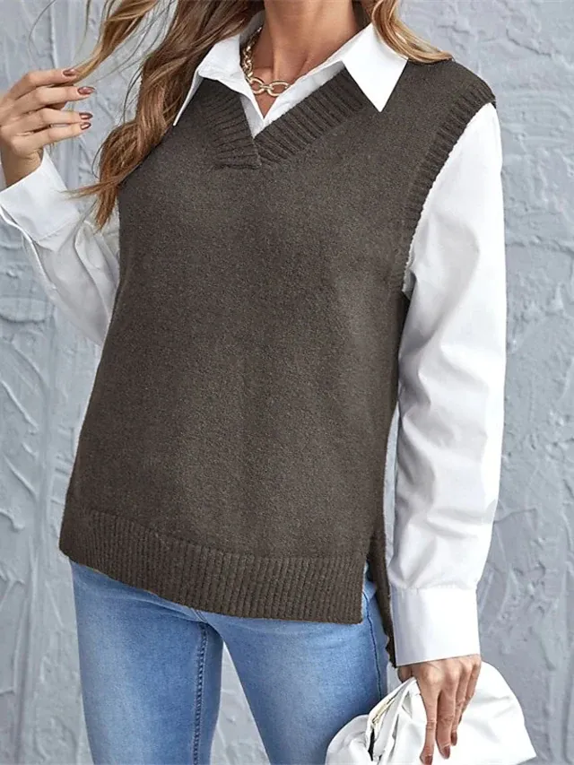 Women's Knitted Pure Color V Neck Sweater