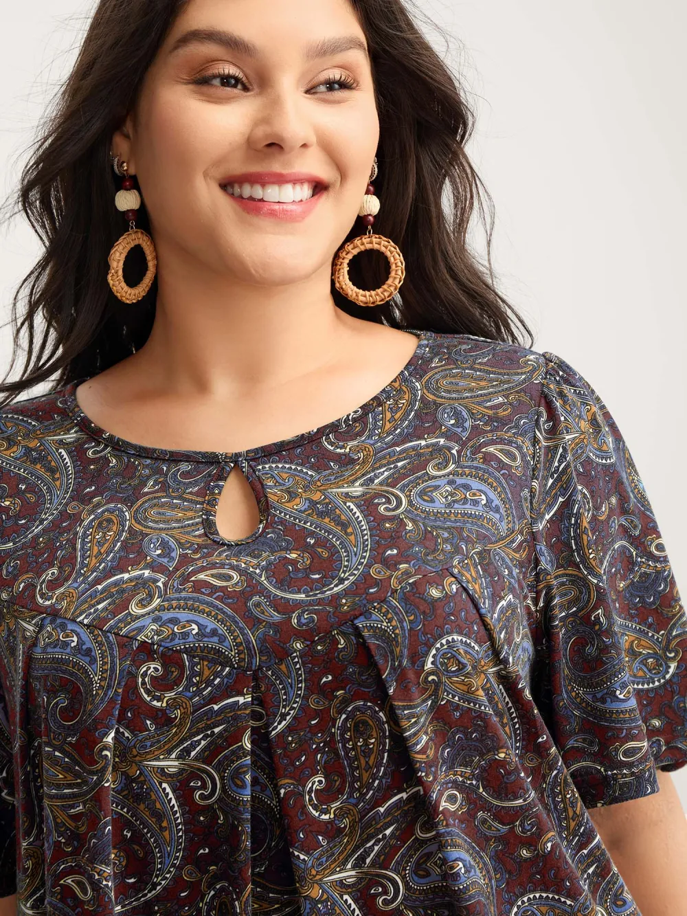 Paisley Print Neck Cut-Out Pleated Top