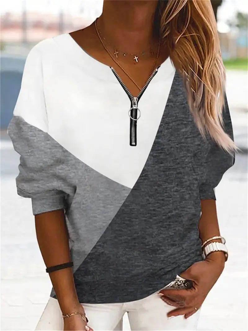 Women Long Sleeve V-neck Stitching Women Tops