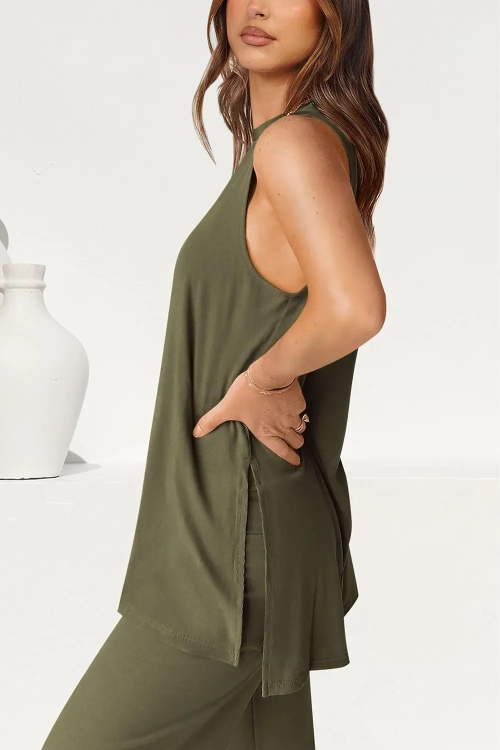 Women's Casual Loose Tank Top Wide Leg Pants 2 Piece Lounge Set