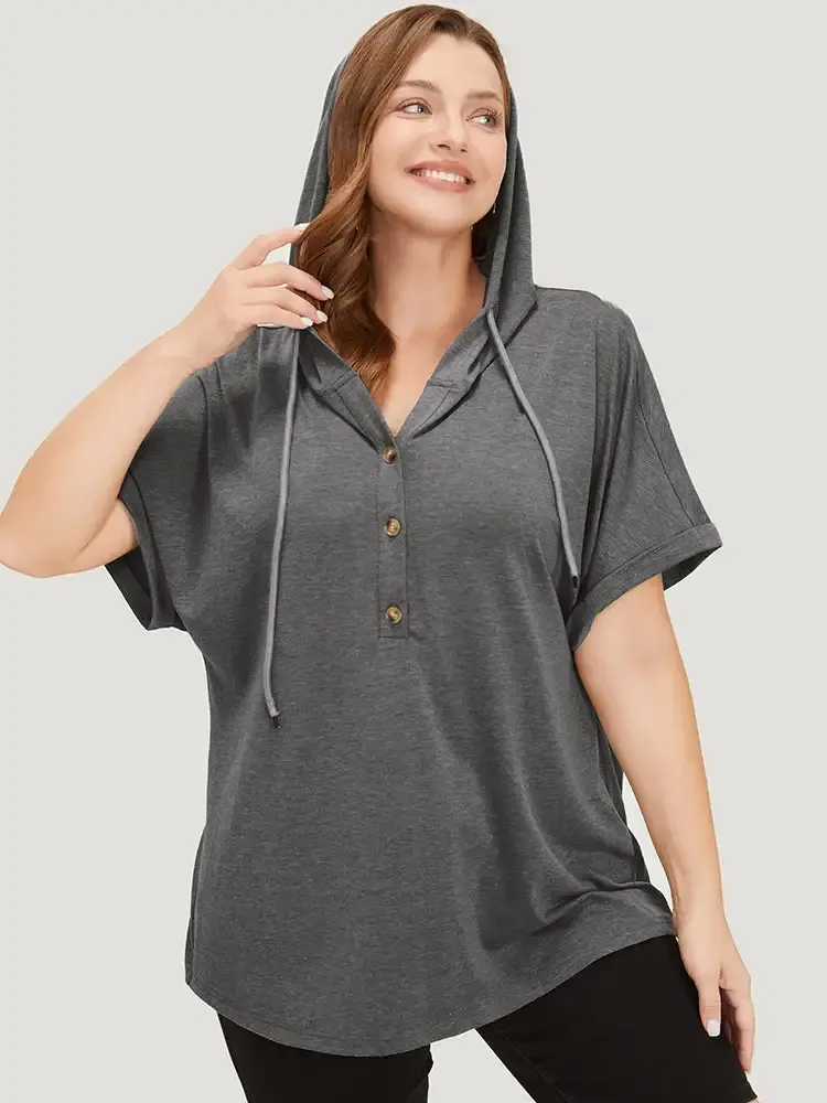 Plain Drawstring Roll Sleeve Button Up Hooded T-shirt