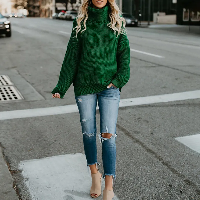 Solid Color High Neck Pullover Knitted Sweater