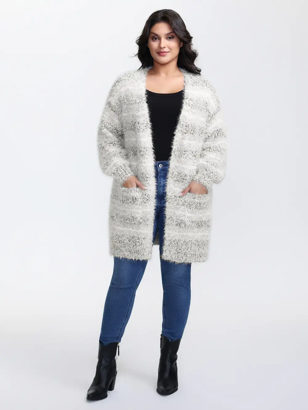 Plush Textured Striped Knit Cardigan