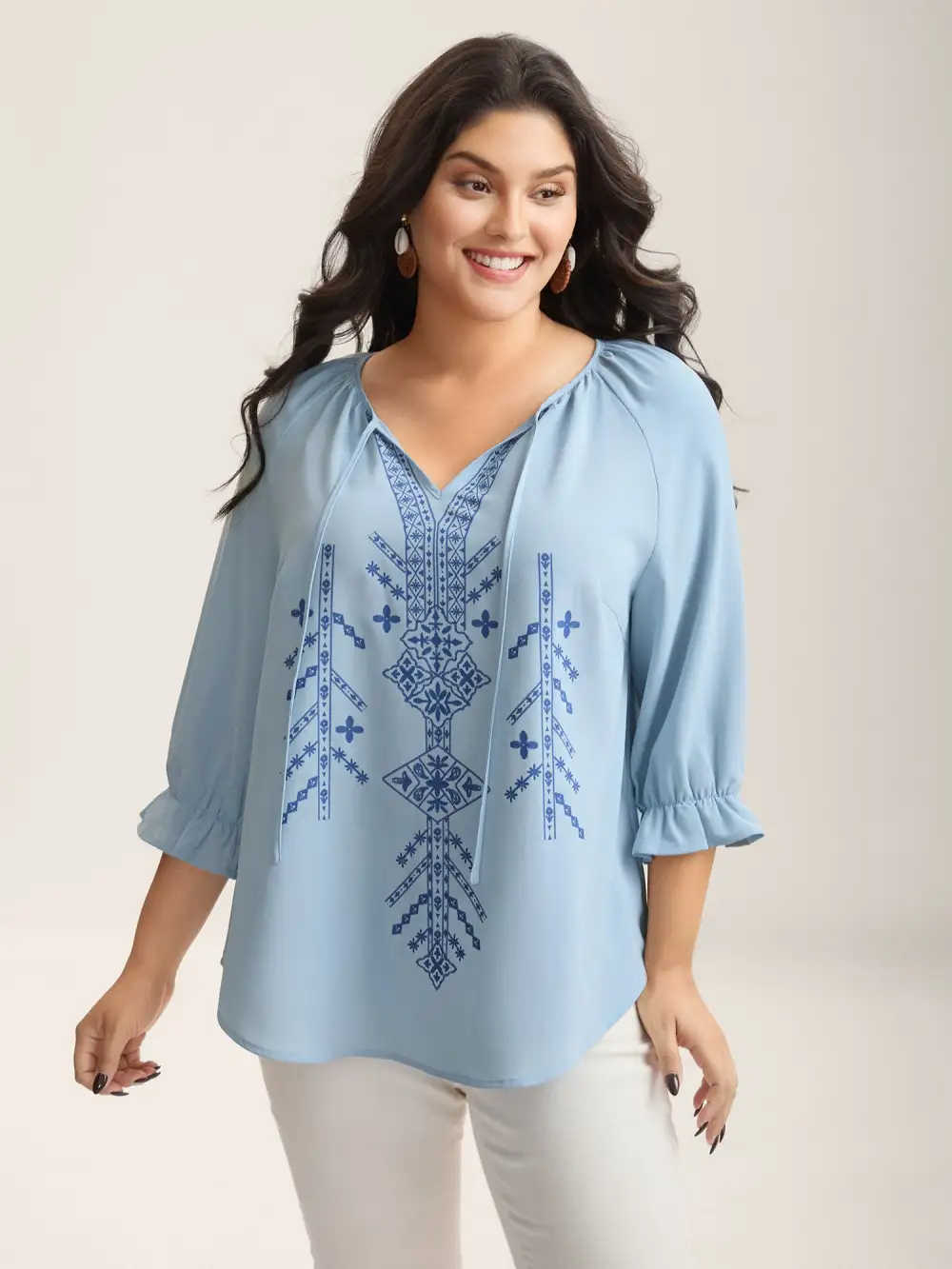 Boho Print Neck Tassels Shirt