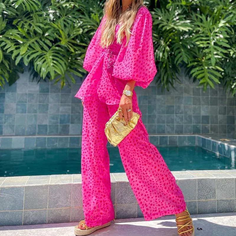 V-neck Print Lantern Sleeves Lace-up Two-piece Set