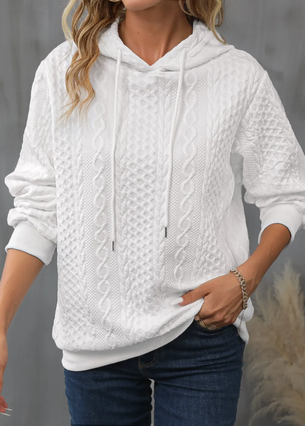 White Drawstring Detail Long Sleeve Hoodie