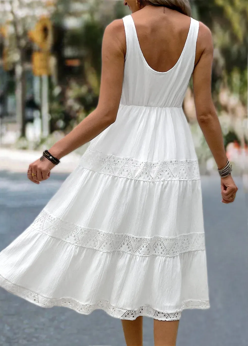 White Patchwork Round Neck Sleeveless Dress
