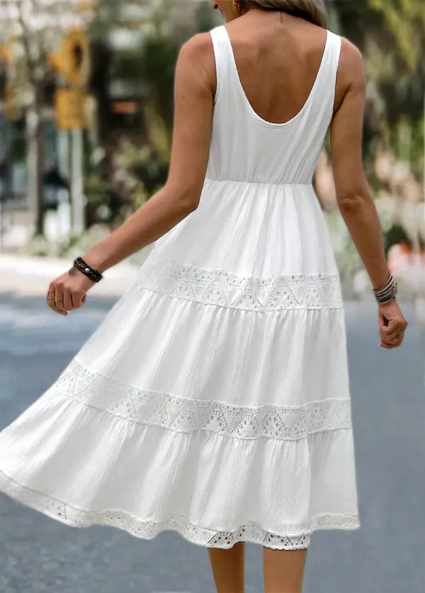 White Patchwork Round Neck Sleeveless Dress