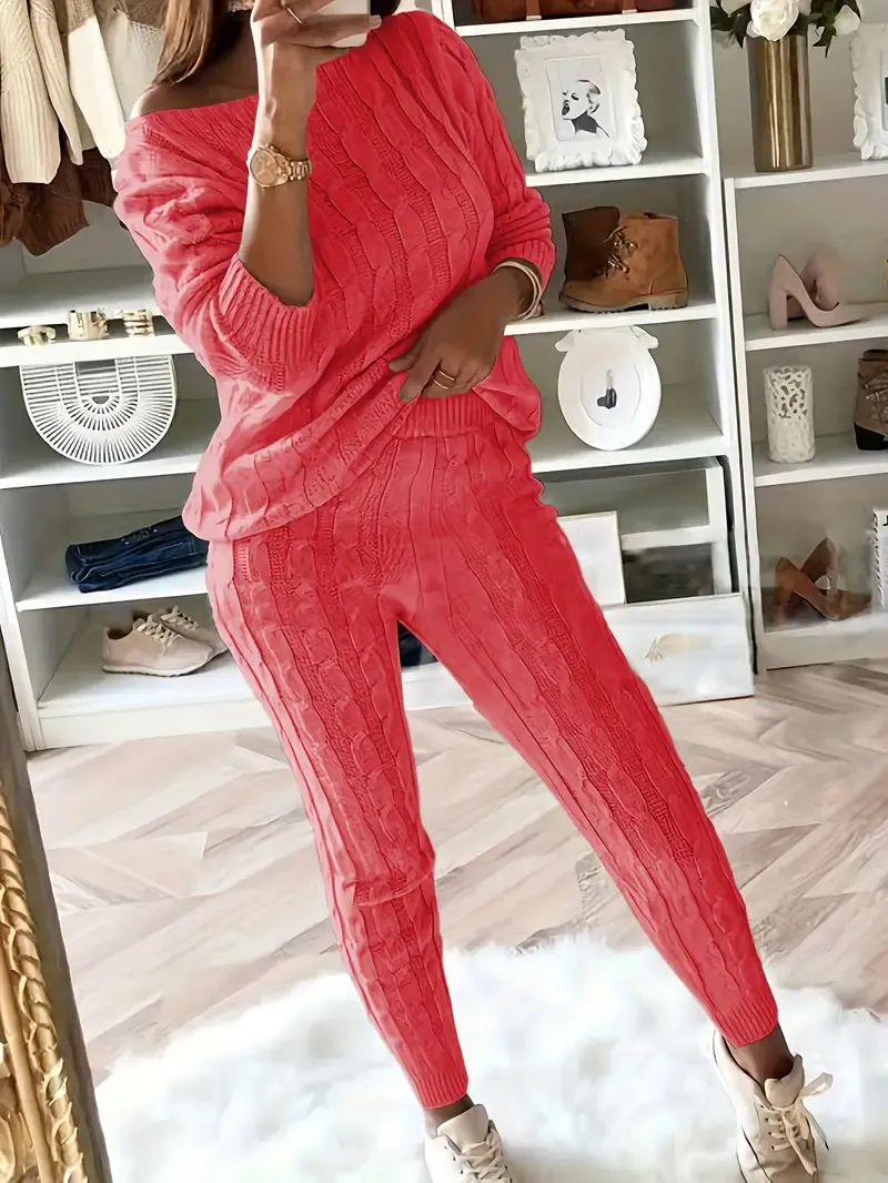 Solid Knitted Matching Two-piece Set, Casual Long Sleeve Sweater & Pants Outfits, Women's Clothing