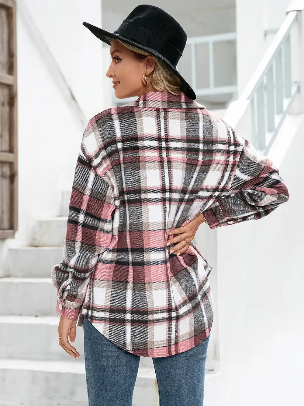 Plaid Button Down Curved Hem Shacket
