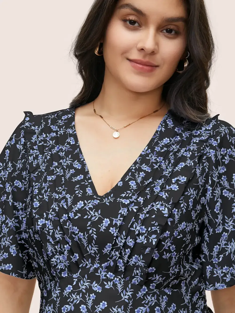 Floral Pleated Elastic Waist Ruffle Sleeve Blouse