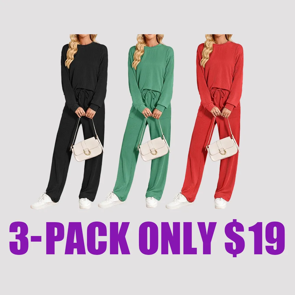 Women's 2-Piece Ribbed Knit Lounge Set – Long Sleeve Top & Pants, Summer Casual Matching Outfit