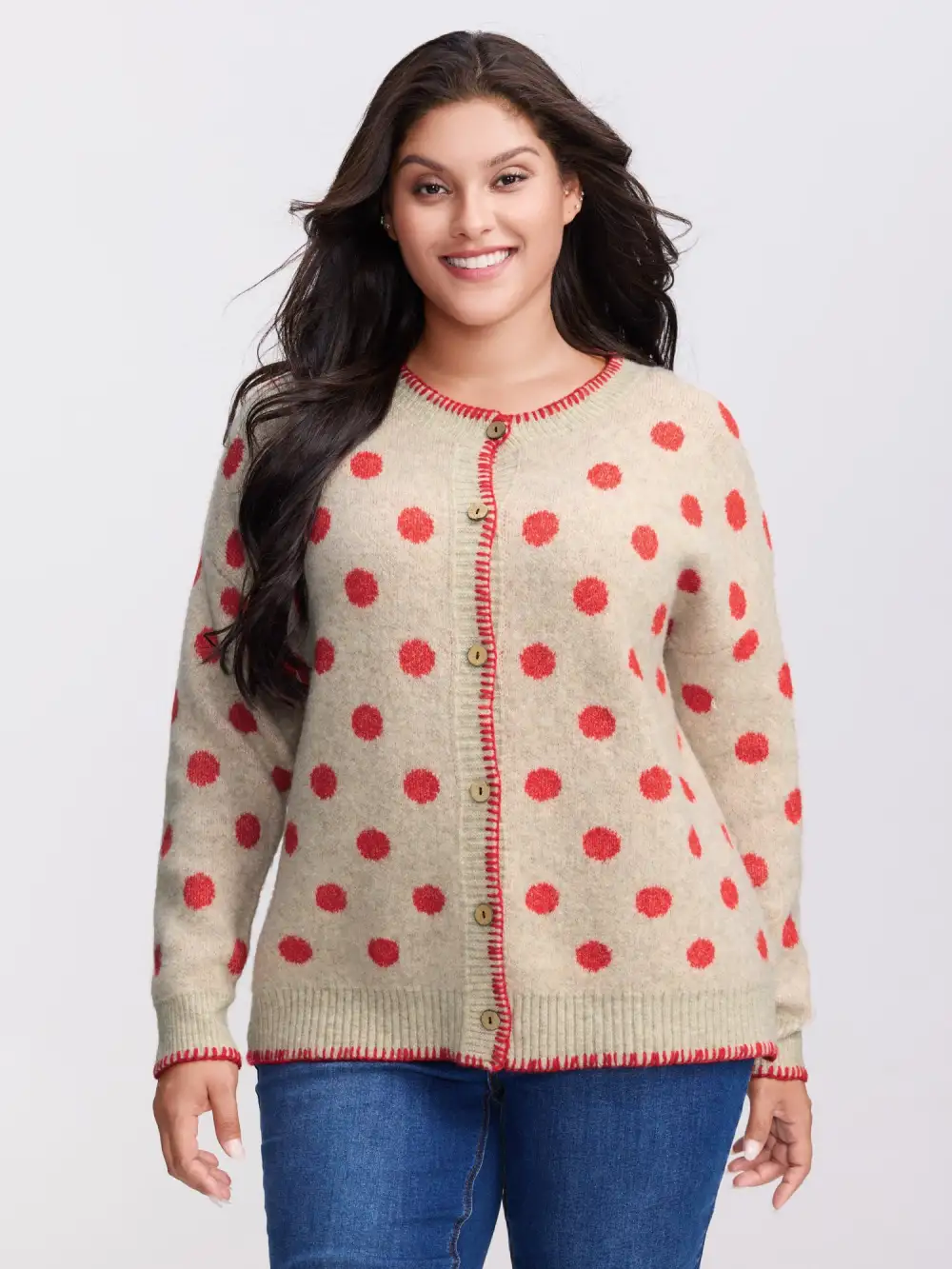 Polka Dots Jacquard Buttons Knit Cardigan