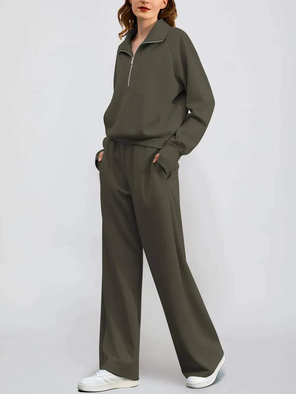 Women's Oversized Half Zip Wide Leg 2 Piece Outfits Lounge Set