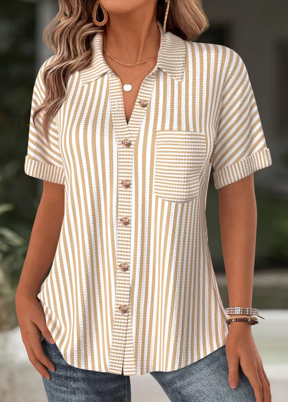 Light Camel Striped Short Sleeve Shirt