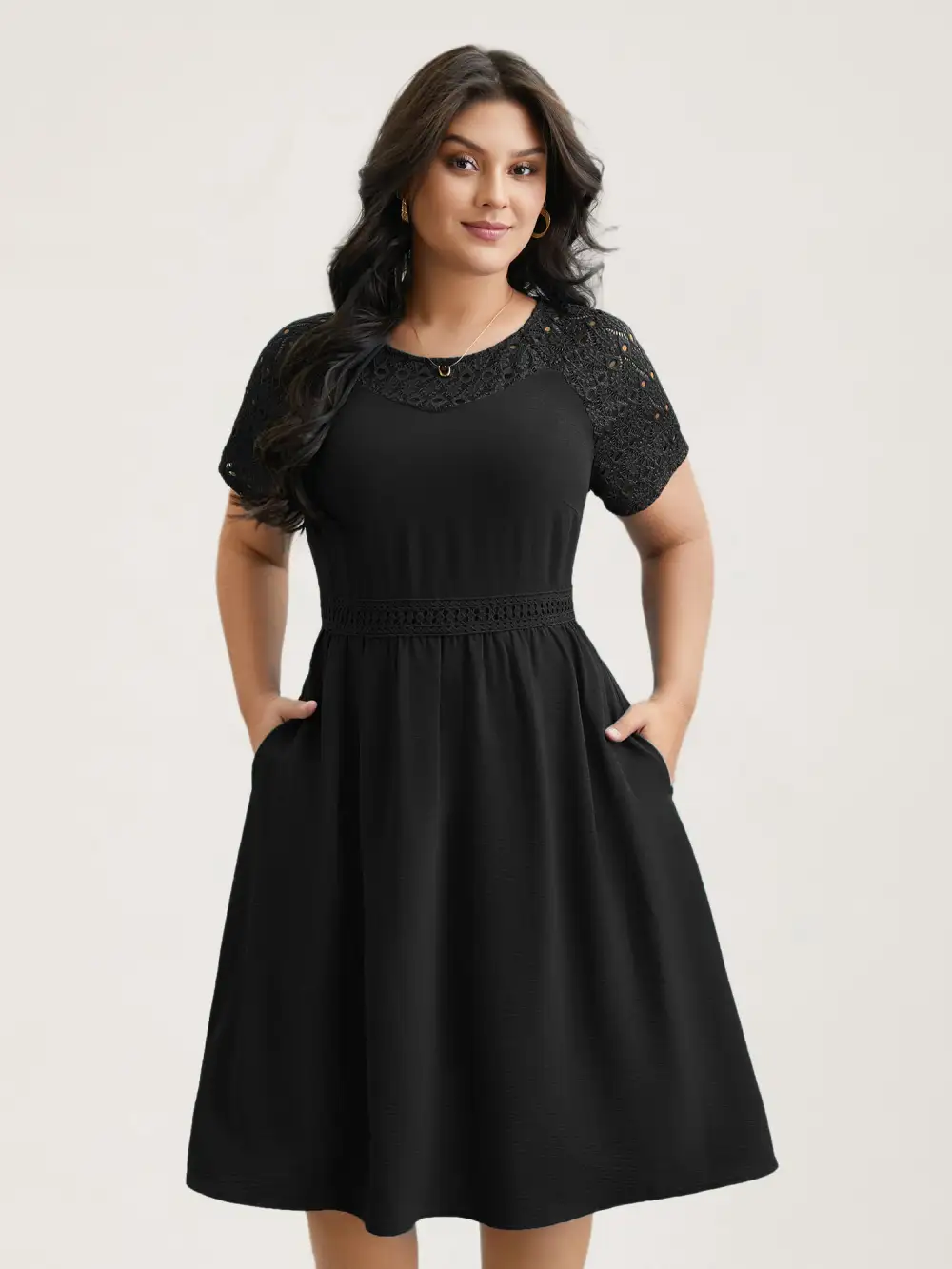 Lace Cut-Out Raglan Sleeve Pockets Midi Dress