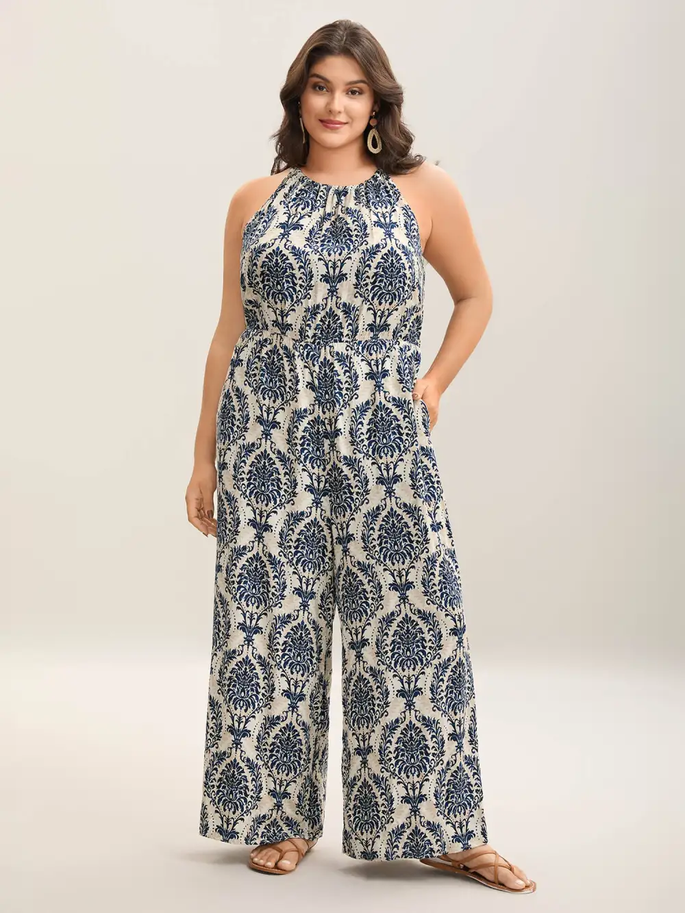 Rayon Damask Print Stretchy Waist Jumpsuit
