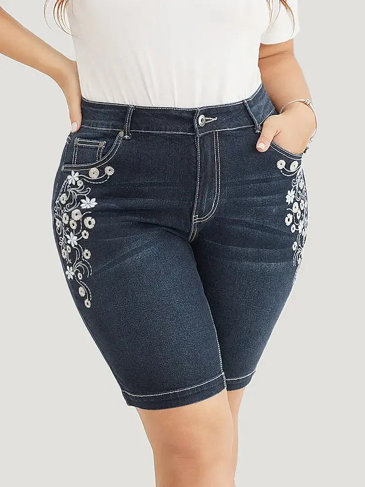 Very Stretchy High Rise Dark Wash Floral Embroidered Denim Shorts