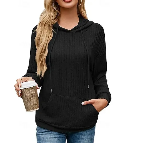 Women's Texture Sweatshirt Waffle Sweatshirt  Pullover Hoodie Sweatshirt Plain Streetwear Casual Long Sleeve Hooded Regular Tops Street Holiday Going out Buttons Black White Pink Wine Fall Winter