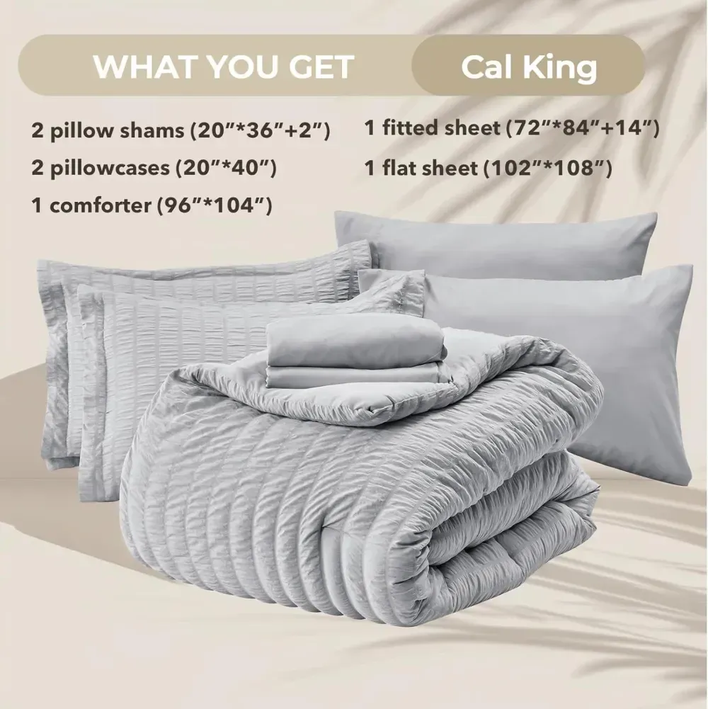 Queen Comforter Set Seersucker 7 Pieces, All Season Luxury Bed in a Bag for Bedroom, Bedding Set with Comforters, Sheets, Pillowcases & Shams, Dark Grey