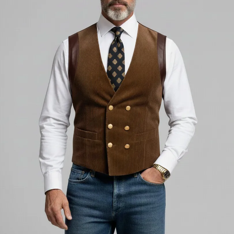 Men's Brown Corduroy Patchwork PU Leather Double Breasted V Neck Vest