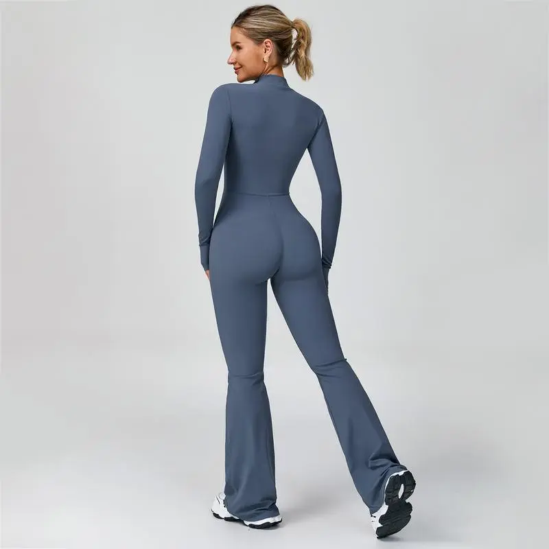 Women's Long Sleeve Flared Jumpsuit – Zipper Wide Leg Activewear for Gym & Casual Wear