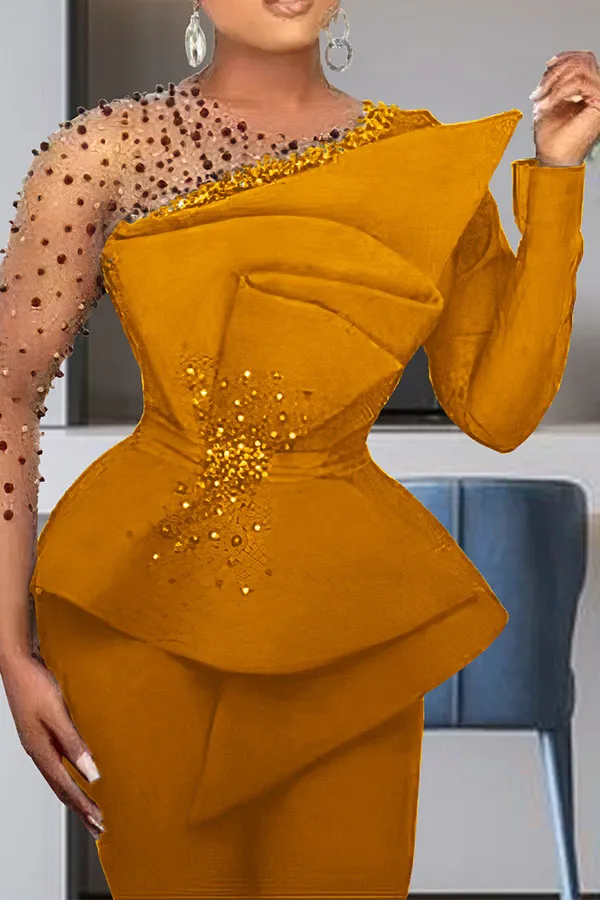 Patchwork Beaded Decor Glamorous Peplum Pant Suit