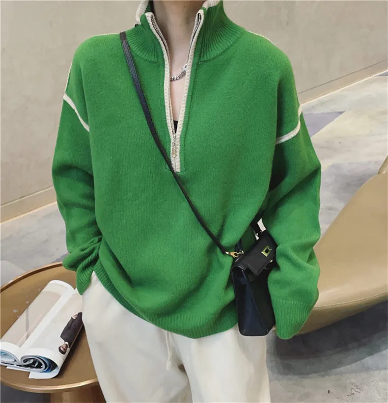 Stand Collar Zip Colorblock Loose Fashion Sweater
