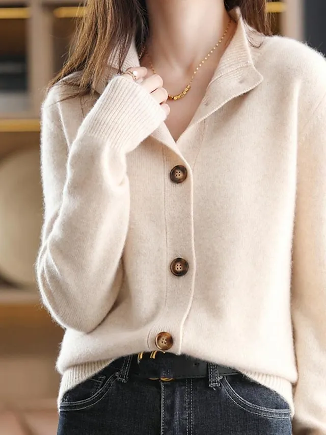 Women's Cardigan Sweater Stand Collar Knit Button Knitted Fall Winter Outdoor Home Daily Stylish Basic Casual Long Sleeve Pure Color Camel Brown