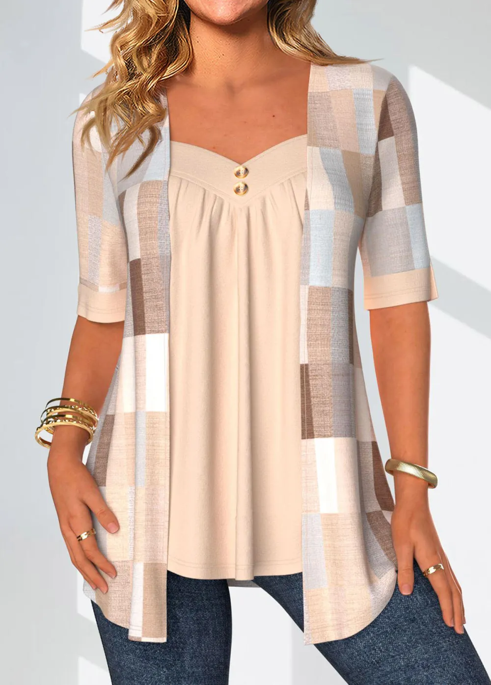 Beige Patchwork Geometric Print Half Sleeve Blouse