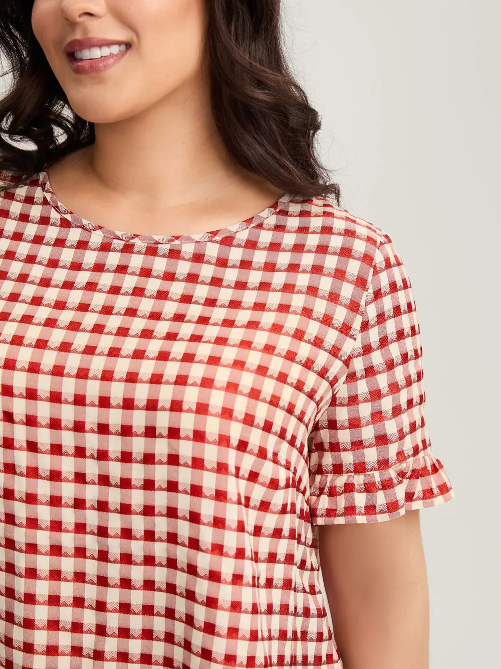 Gingham Print Button Back Blouse