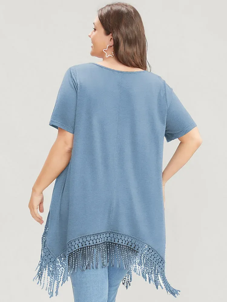Solid Round Neck Lace Fringe Hem T-shirt