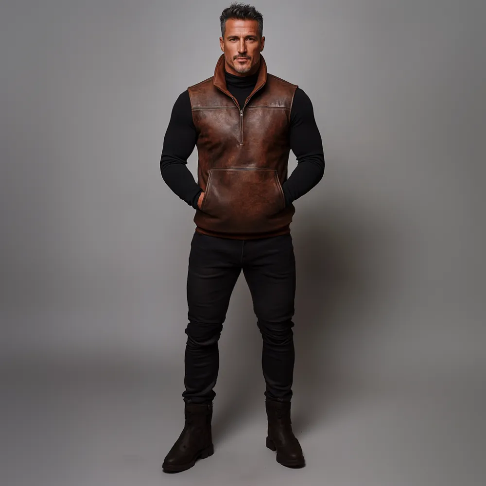 Men's PU Leather High Neck Half Zip Pocket Vest