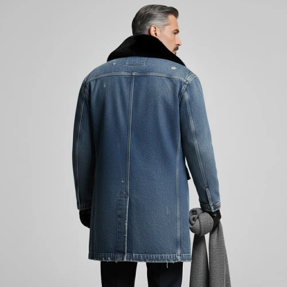 Men's Blue Denim Ripped Black Furry Collar Double Breasted Long Sleeve Overcoat