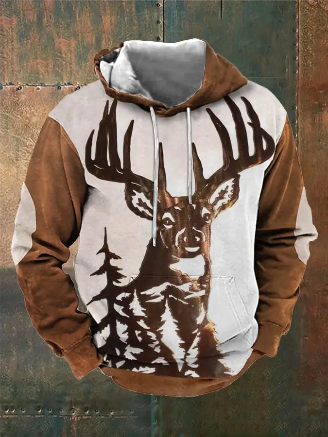 Men's Retro Three-Dimensional Engraved Elk Print Hooded Sweatshirt