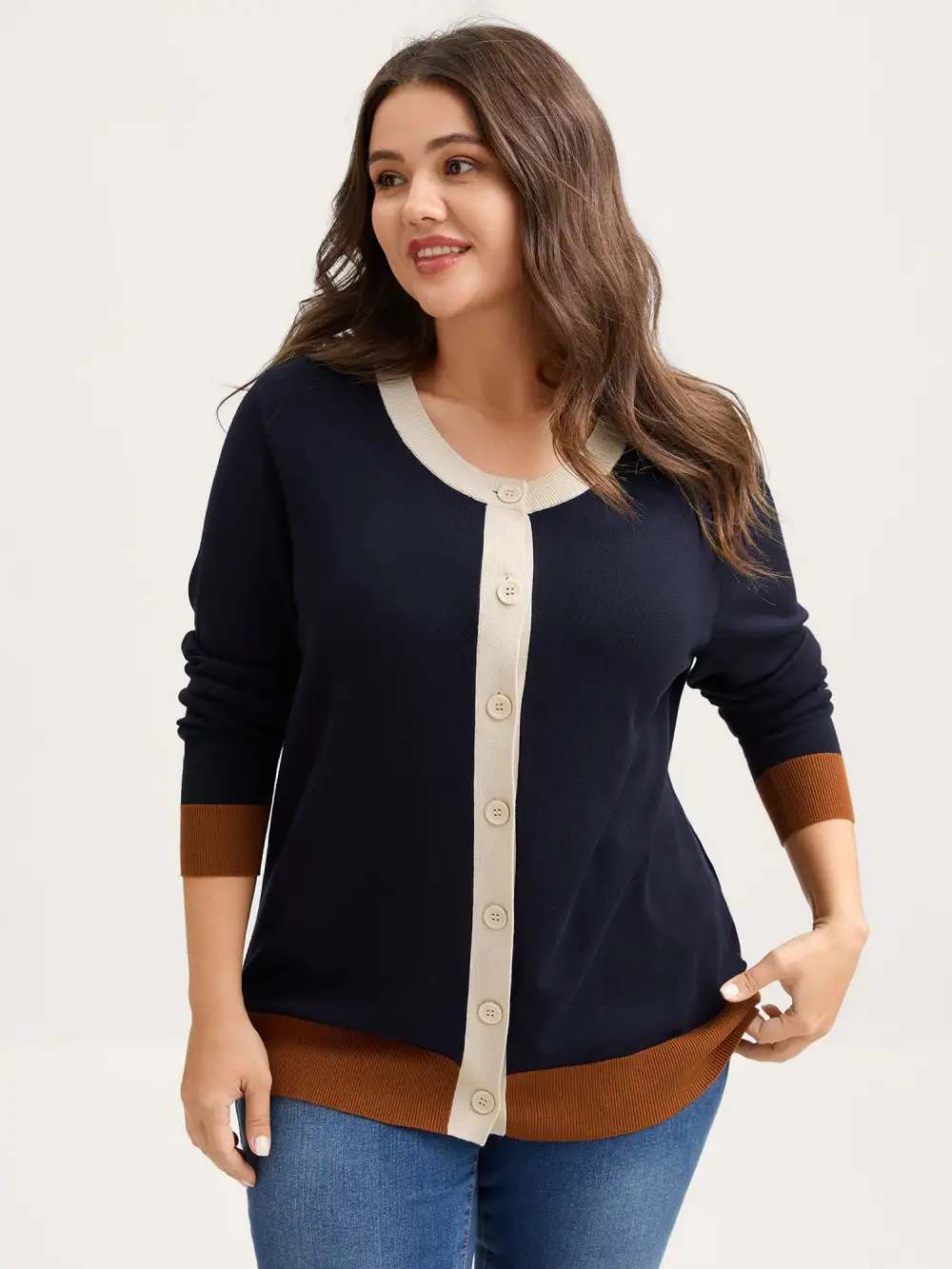 Color Contrast Button-Down Knit Cardigan