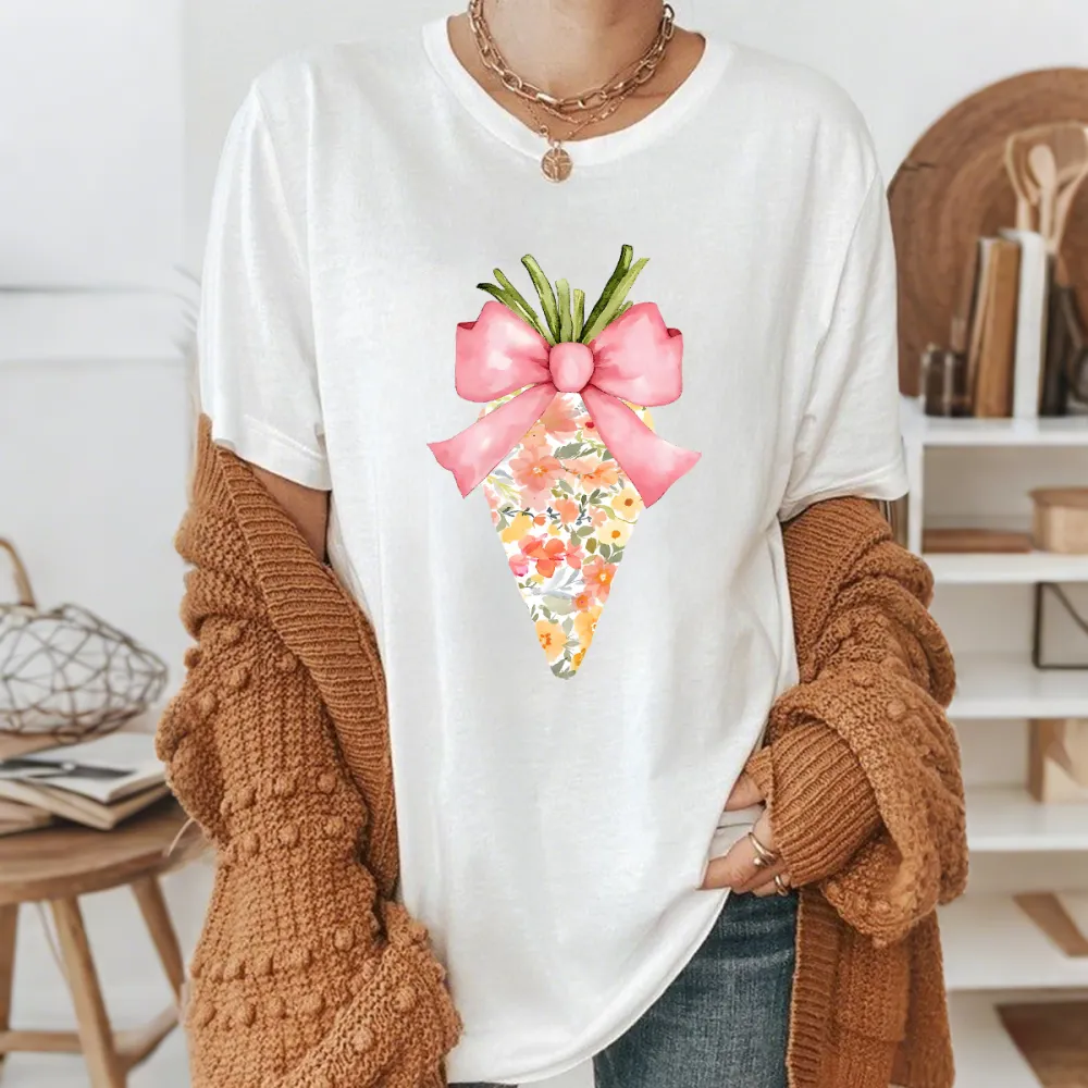 A Floral Design On A Carrot Top With A Pink Bow And Green Leaves On Top, Easter, Casual T-Shirt.