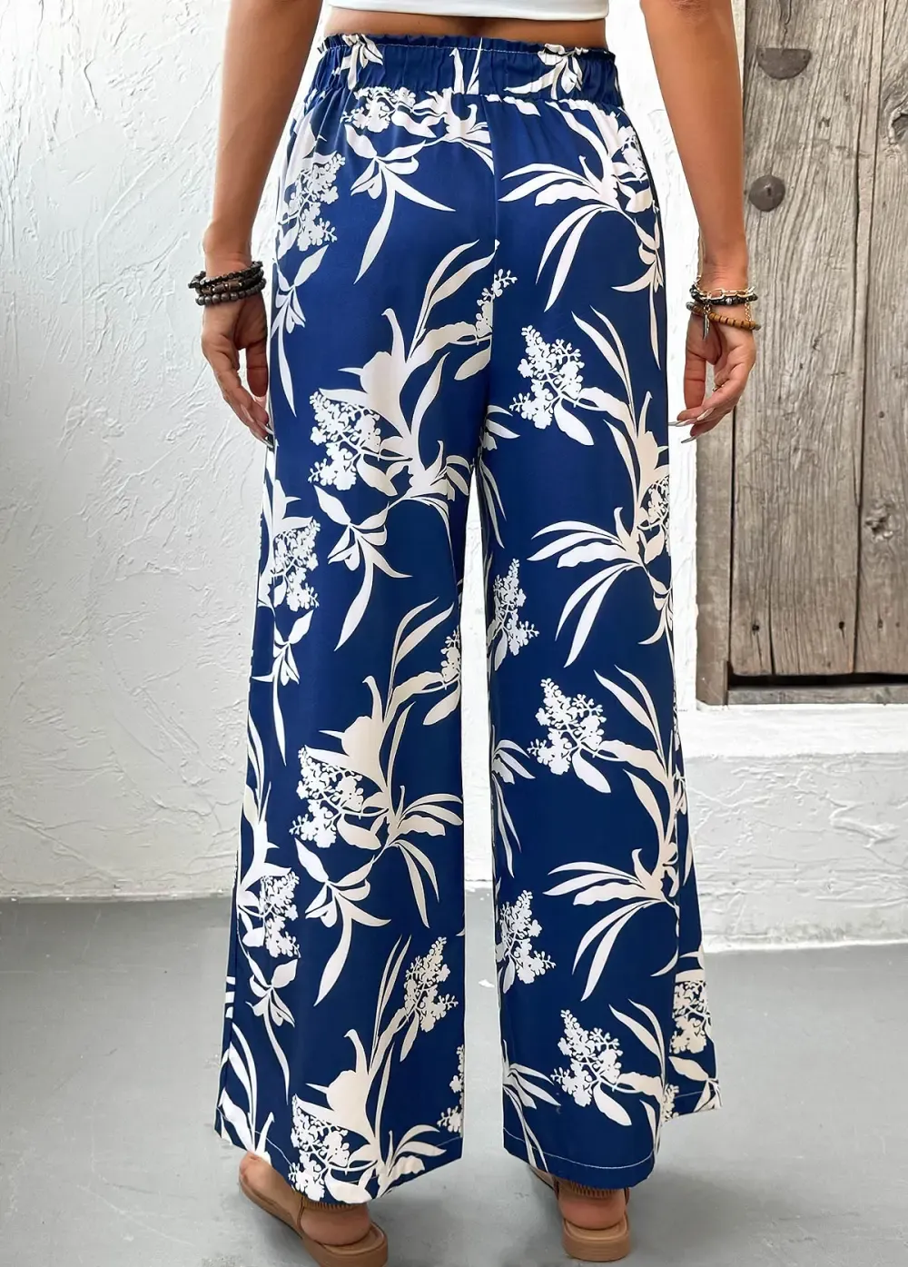 Dark Blue Plants Print Wide Leg Elastic Waist Pants