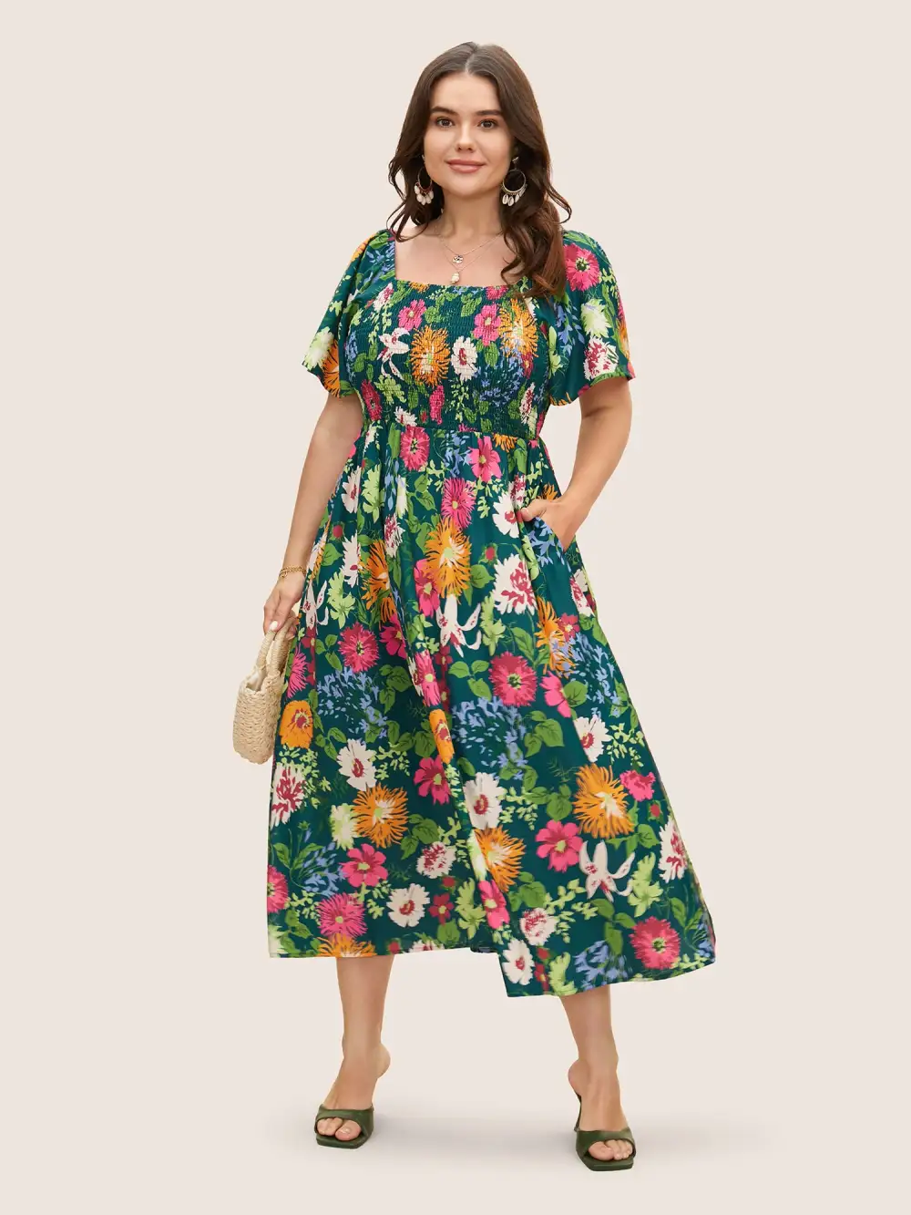 Floral Shirred Square Neck Pocket Midi Dress