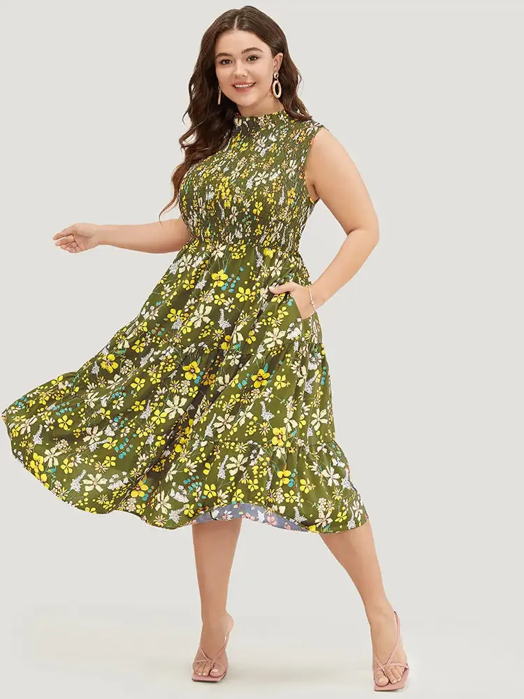 Floral Shirred Mock Neck Cut Out Pocket Ruffle Hem Dress