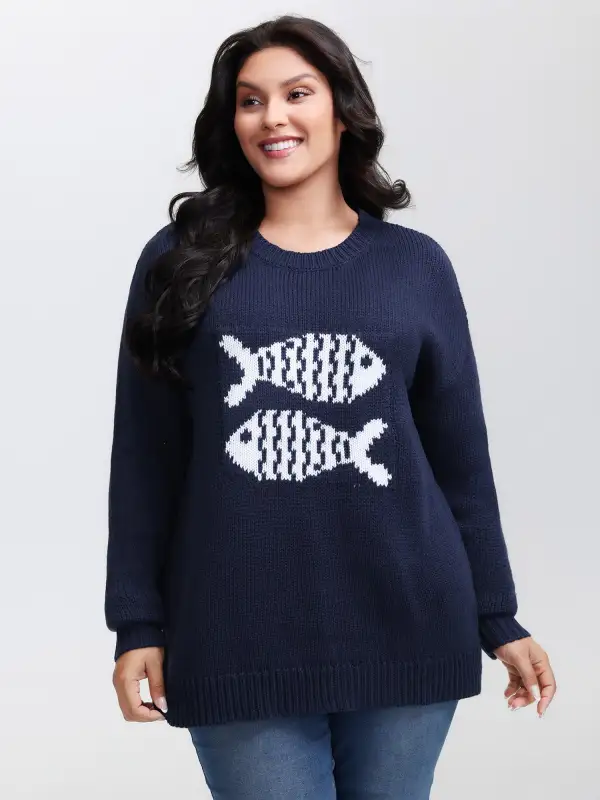 Fish Jacquard Print Round Neck Pullover