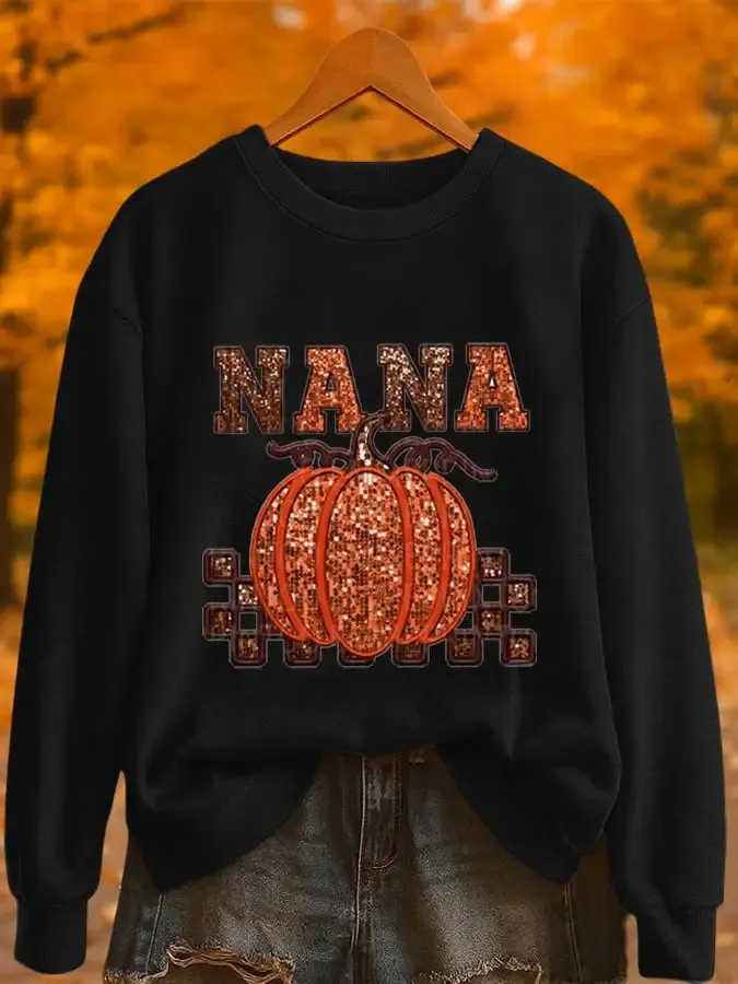 Women's Fall Thanksgiving Pumpkin Print Crew Neck Sweatshirt
